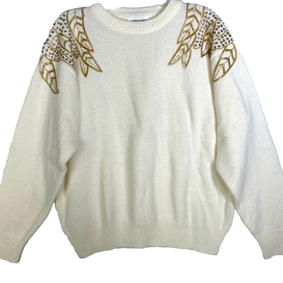 Alfred Dunner Sweaters - Vintage Alfred Dunner Ivory Sweater Gold Sequin Beaded Shoulders Women’s Large
